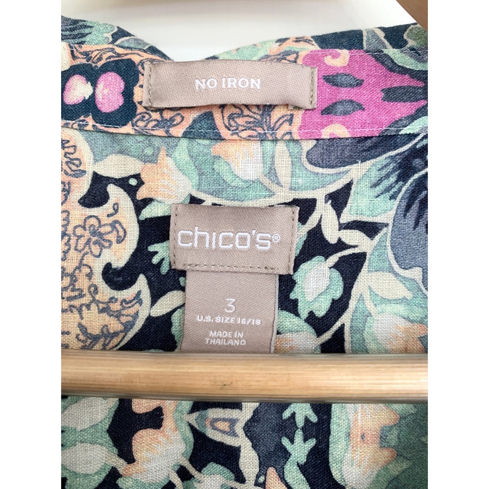Chicos No-Iron Linen Floral Roll-Tab Shirt 3 (XL 16/18) NWOT Resort Pastel Top - Picture 6 of 16